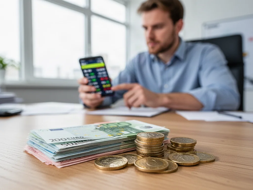 Stos euro i monet złotówki na drewnianym stole w tle z osobą sprawdzającą kursy walut w smartfonie.