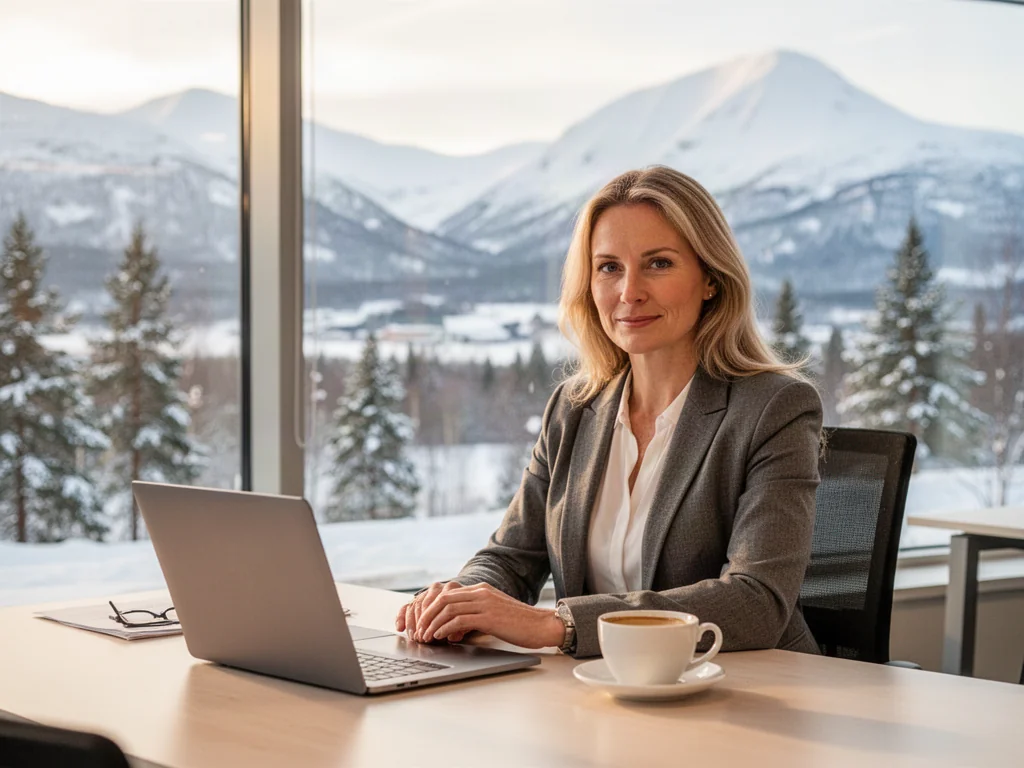 Profesjonalistka przy biurku w nowoczesnym biurze z widokiem na norweski zimowy krajobraz, symbolizująca planowanie emerytury.