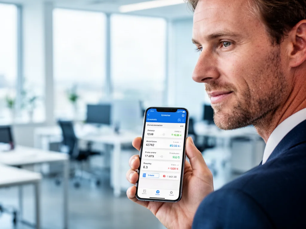 Mężczyzna trzymający smartfon z aplikacją do przeliczania walut w nowoczesnym biurze.