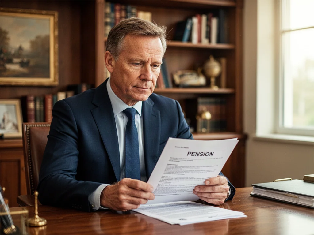 Mężczyzna w średnim wieku analizuje dokumenty emerytalne przy biurku w profesjonalnym biurze.