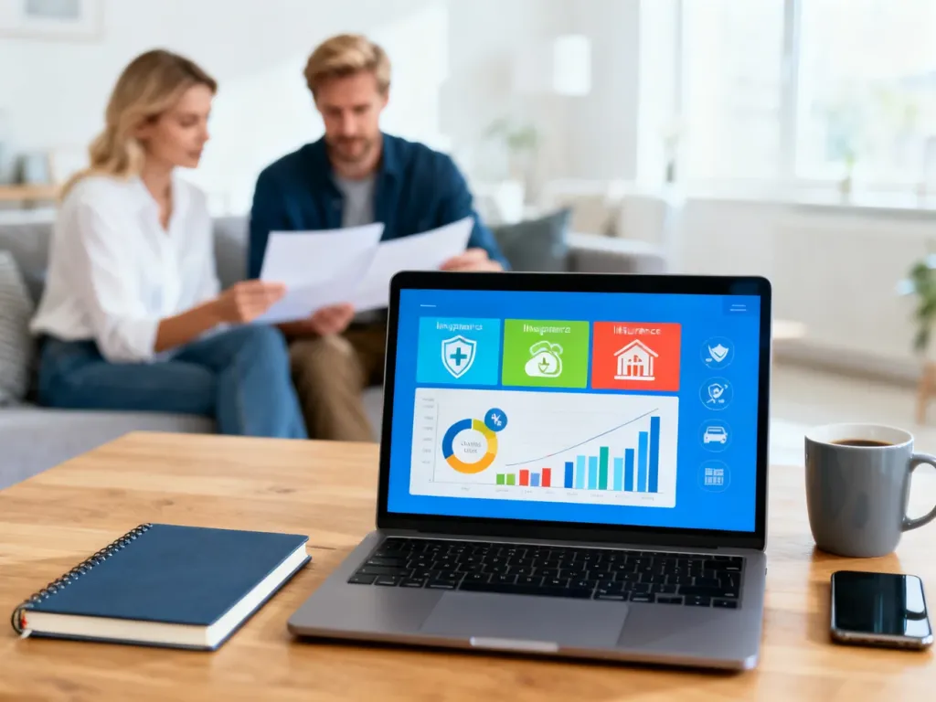 Laptop z wykresami porównującymi oferty ubezpieczeń, para w tle analizuje dokumenty przy biurku w domu.